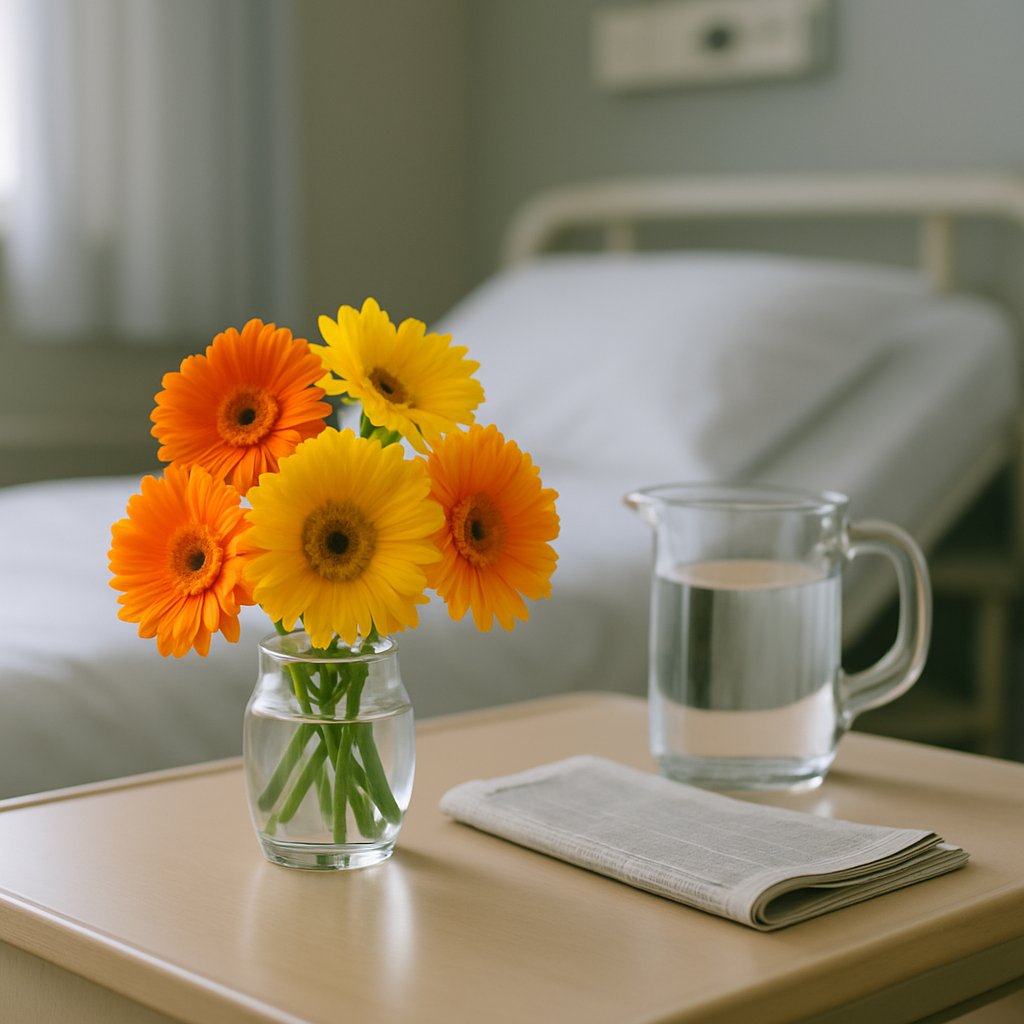 A compact bouquet of gerbera daisies on a hospital bedside table