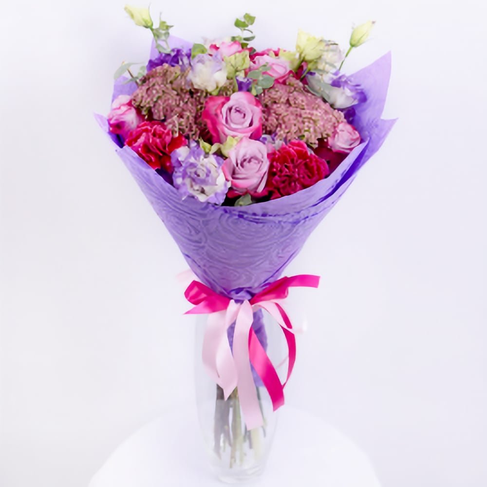 Glow Dawn: Purple roses and crimson Carnations — flower delivery in Atlanta, GA